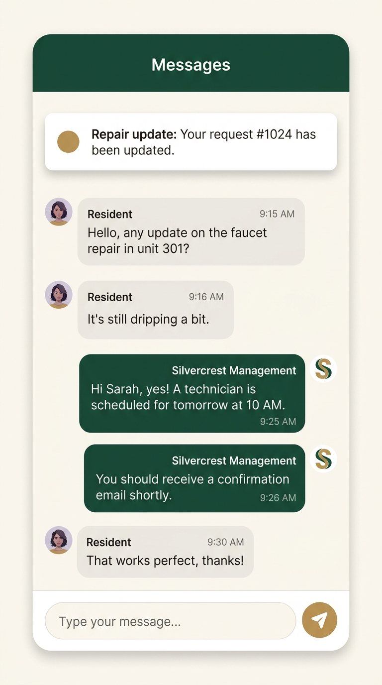 Silvercrest app messages screen with the management team