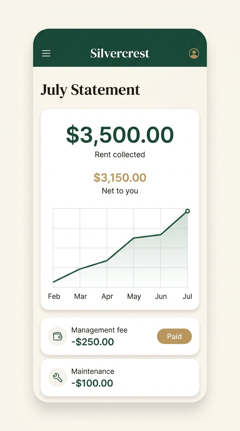 Silvercrest owner app screen showing a monthly statement and rent collected