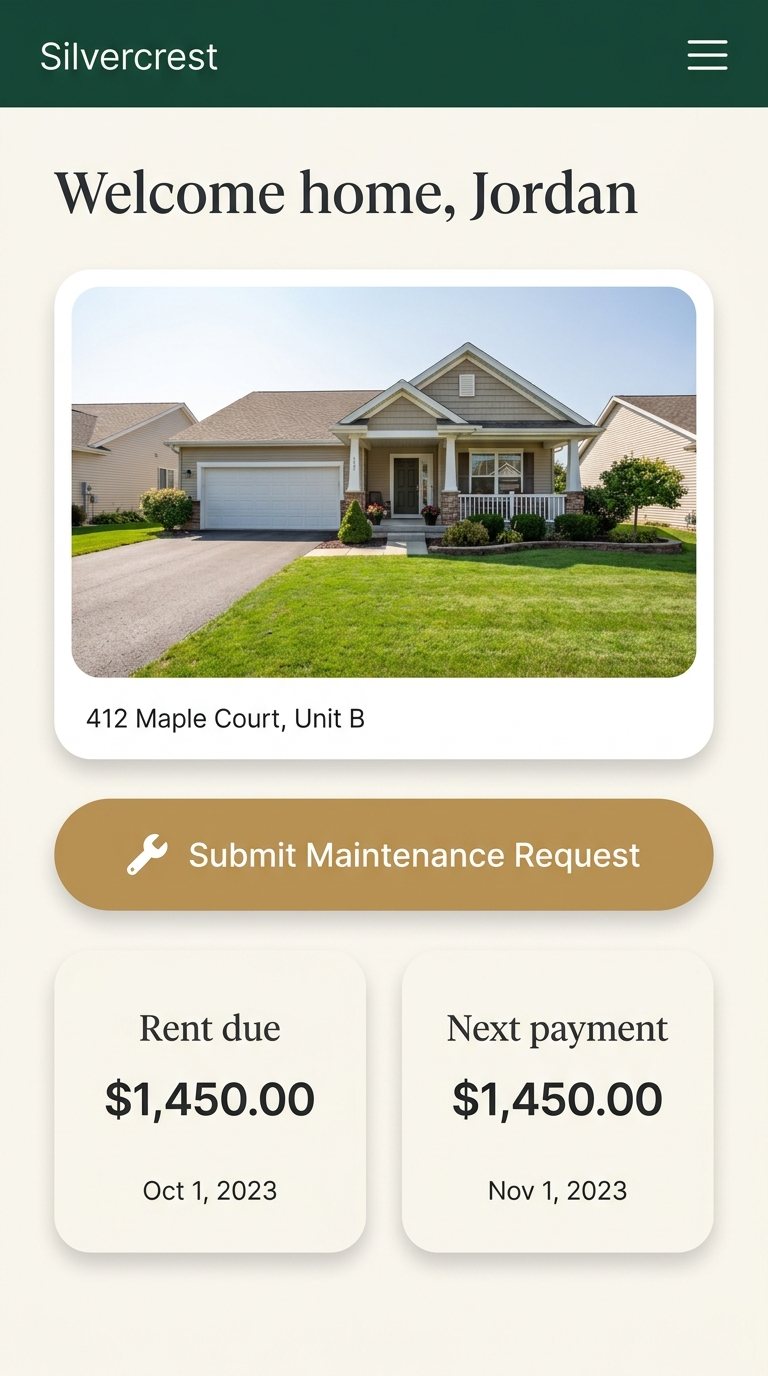 Silvercrest tenant app home screen with a submit maintenance request button