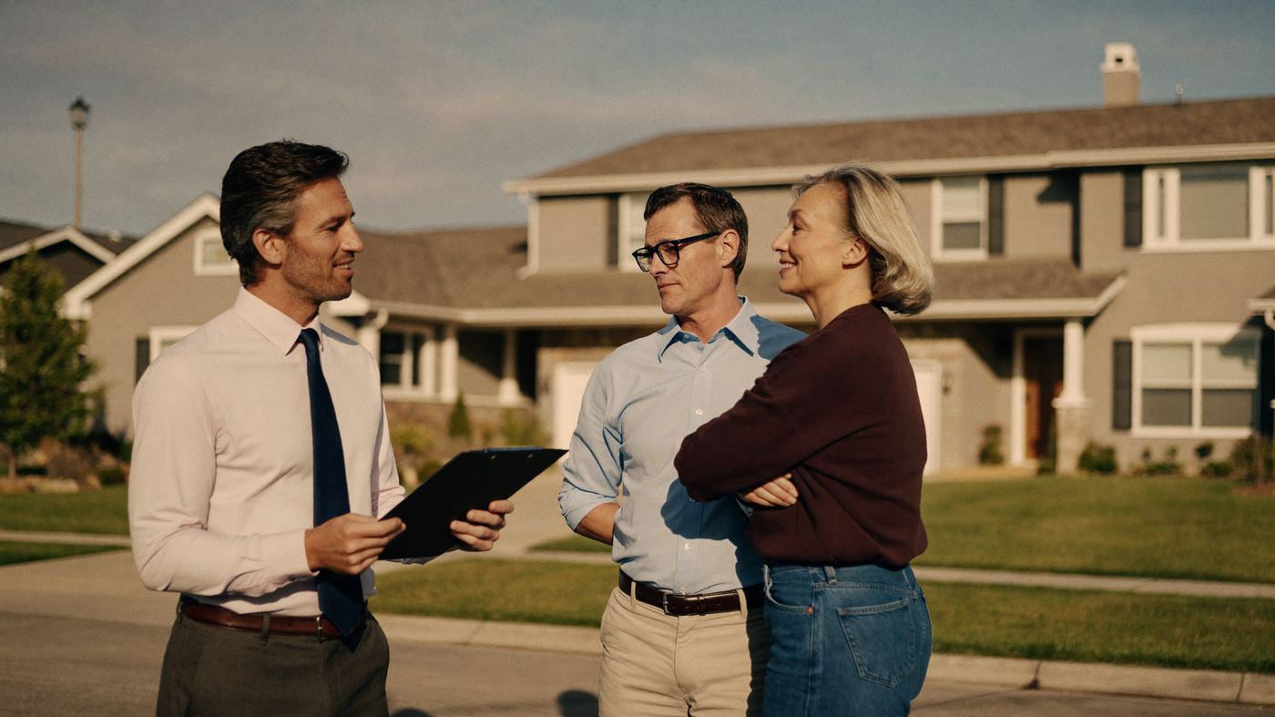 Property manager talking with homeowners in front of their rental house