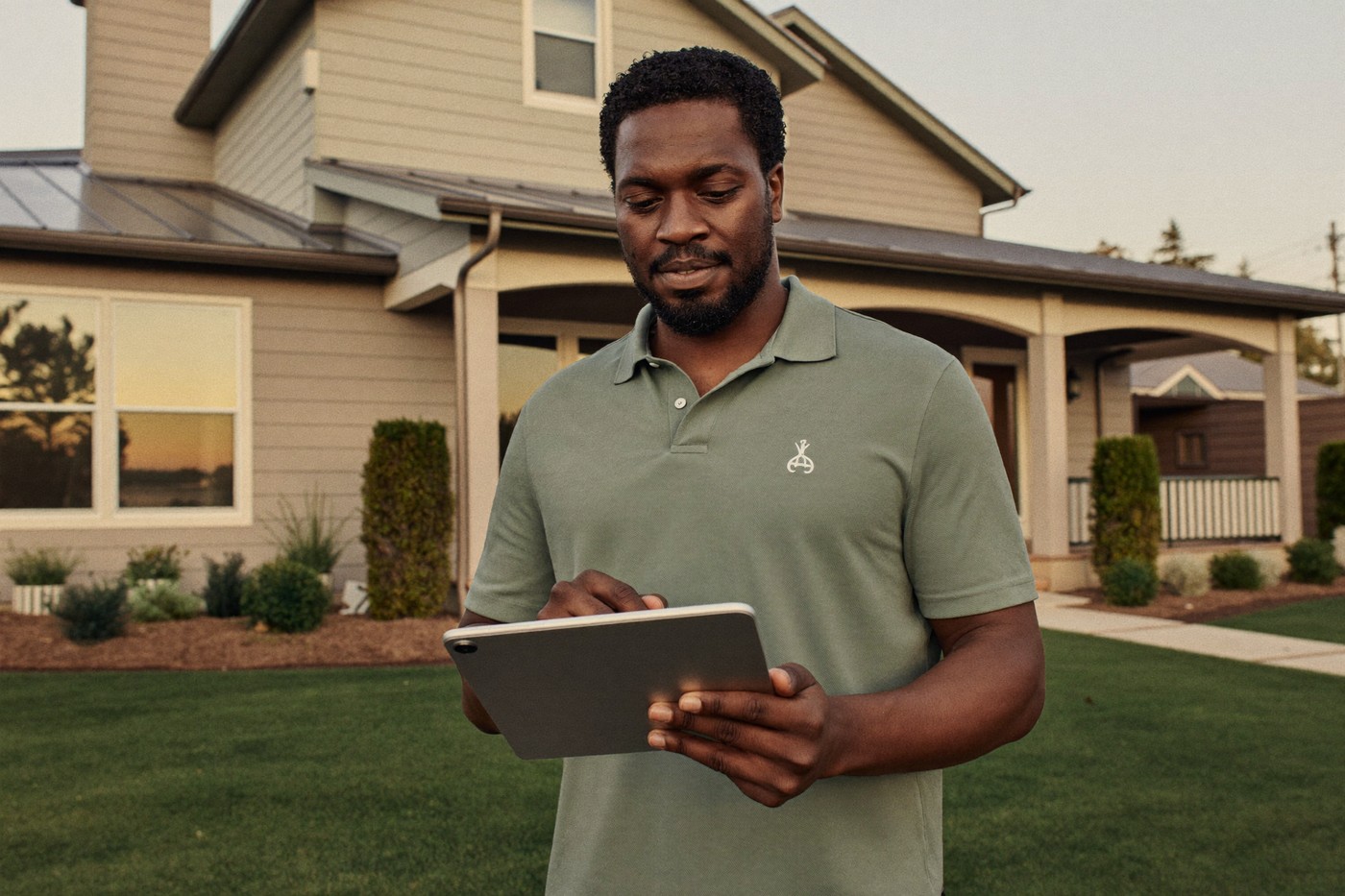 Property manager reviewing a tablet outside a well-kept rental home