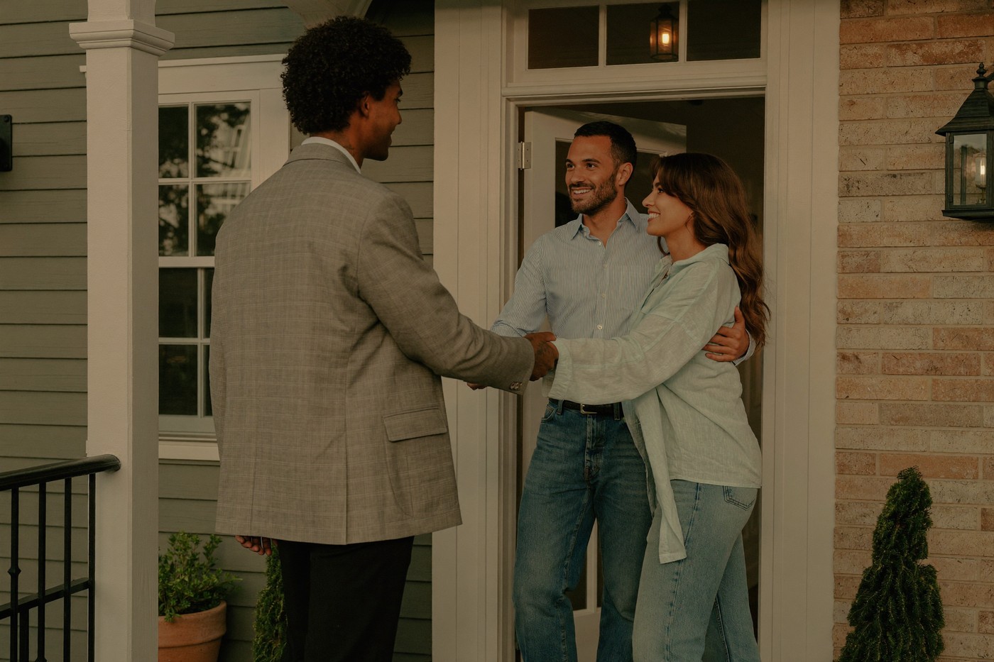 Property manager shaking hands with an approved tenant couple at a home doorway